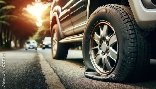 Close-up image of a car wheel on the ground with a flat or damaged tire, symbolizing a vehicle breakdown and the need for repair
 photo