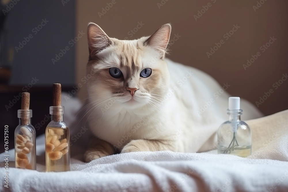 Cat or kitten at spa procedures at beauty salon. Cat in towel after bath, haircut grooming, massage and manicure, with bottles and jars of pet cosmetics.