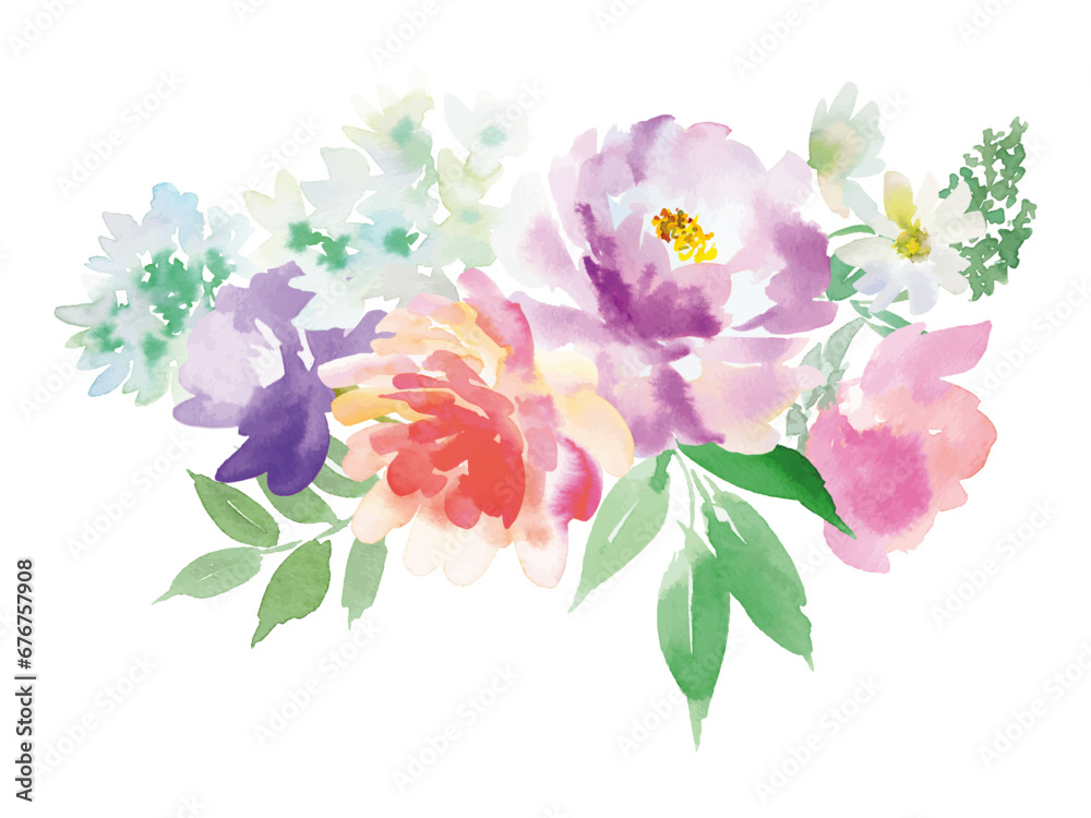 水彩で描いたペオニーと草花の背景用イラスト