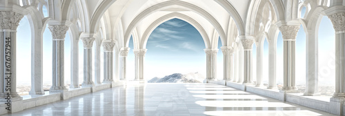Fantasy white marble arches in fictional building. Generative AI. 