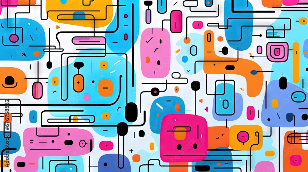 Fototapeta premium A Cute, fun children's cartoon abstract minimalist doodle drawing with lines and geometric shapes. Trendy colorful simple background, wallpaper texture design for kids, vector. Generative AI, AI