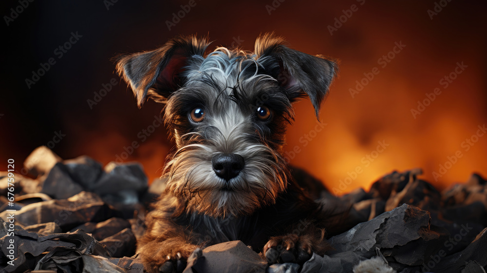 Small black Miniature Schnauzer dog sitting in piles of rocks, in the style of detailed atmospheric portraits, dramatic lighting effects - Generative AI