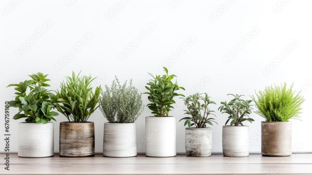Fototapeta premium Transform spaces with lifelike beauty! artificial herbs on a wooden table against a white wall