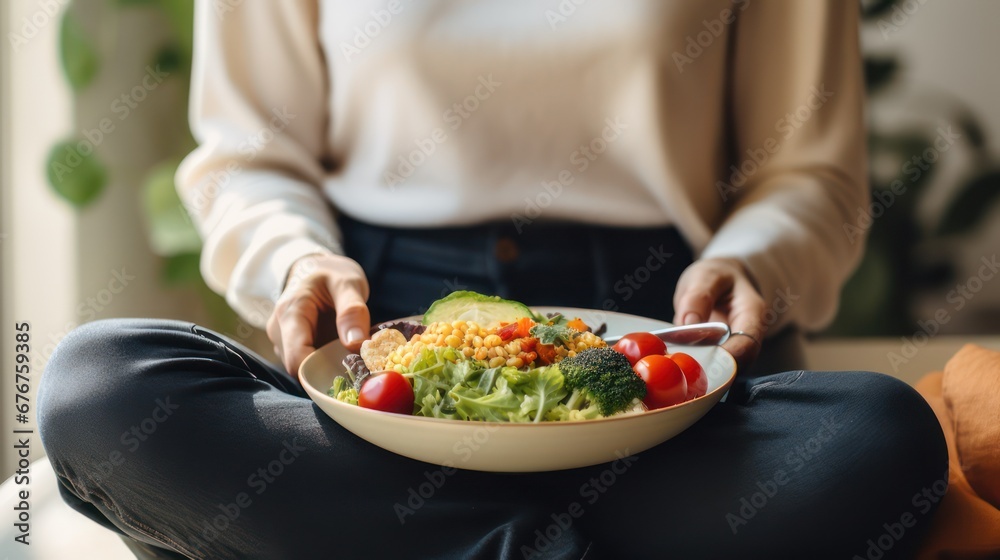 Vegetarian dish on a plate someone is holding Close up photo