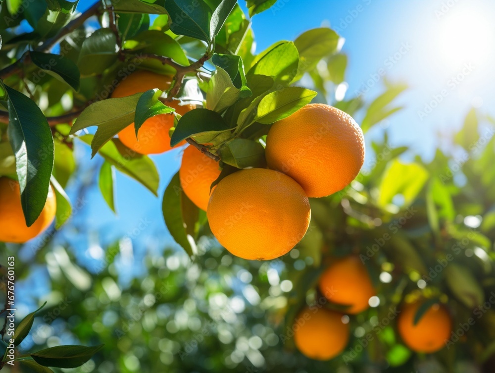 AI illustration of a tree branch with ripe oranges in sunlight