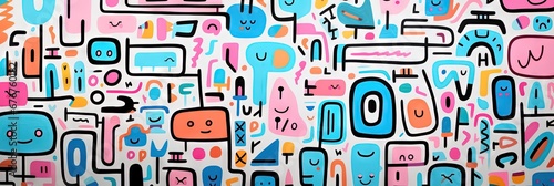 A Cute and fun children s cartoon abstract minimalist doodle drawing with lines and geometric shapes. Trendy colorful simple background  wallpaper texture design for kids. Generative AI  AI