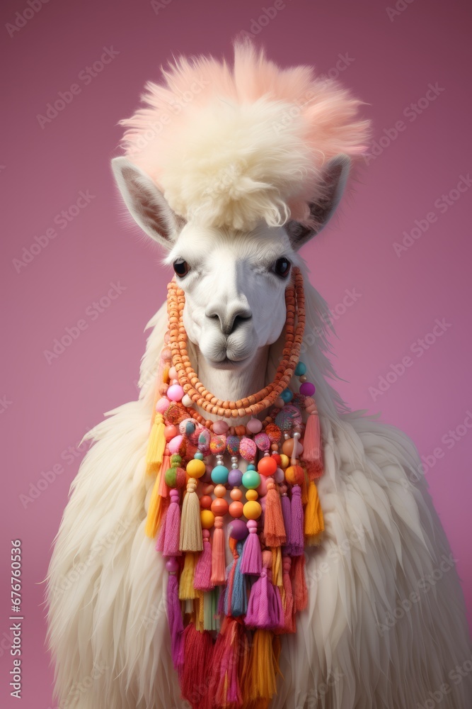 A Colourful Llama Adorned with a Multicoloured Beaded Necklace. A llama wearing a multicoloured beaded necklace on a pink background