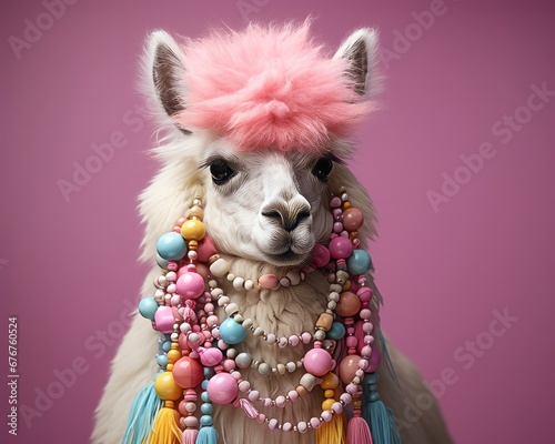 A llama with a pink mohawk and colourful beads around it's neck © AI Visual Vault