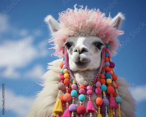 A Llama with Pink Hair and Tassels: A Unique and Colorful Creature with a Playful Appearance