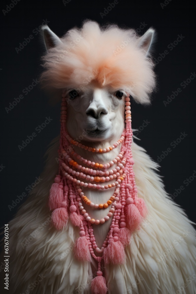 A Stylish Llama with a Necklace and a Colourful Headdress