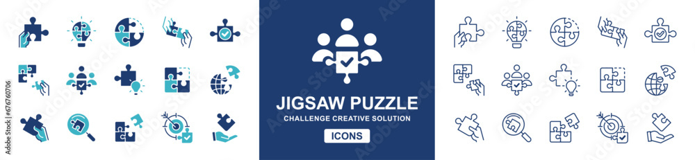 puzzle challenge solution icon set. Teamwork mission problem solving match jigsaw piece vector illustration - obrazy, fototapety, plakaty 