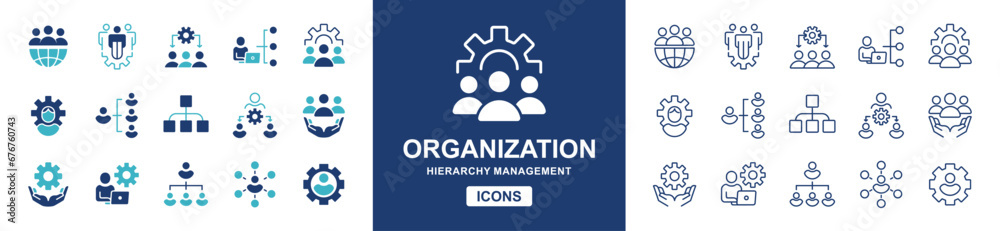 human resource organization management with gear setting icon set teamwork structure hierarchy leadership diagram employee network symbol vector collection illustration for web and app - obrazy, fototapety, plakaty 