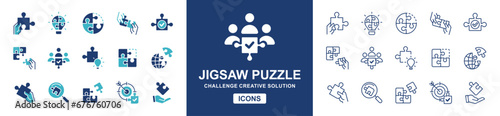 puzzle challenge solution icon set. Teamwork mission problem solving match jigsaw piece vector illustration
