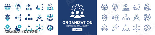 human resource organization management with gear setting icon set teamwork structure hierarchy leadership diagram employee network symbol vector collection illustration for web and app photo