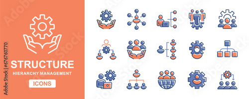human resource organization structure icon set teamwork hierarchy management with gear symbol vector illustration