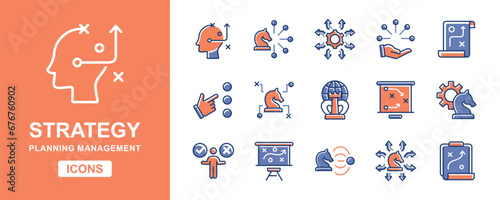 set of strategy action planning success icon vector management leadership decision making symbol illustration teamwork mission solution option design for web and app