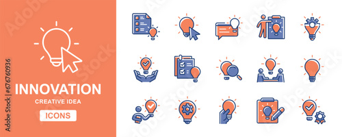 Innovation creative idea icon set. Business solution, lightbulb, thinking, creativity, inspiration, and inspiration symbol vector illustration collection 