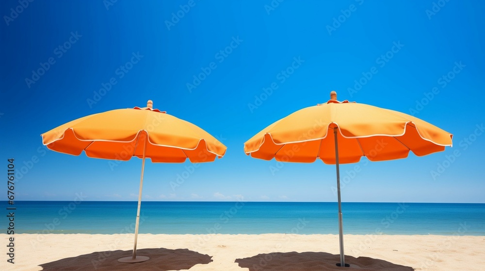 Sunny Seaside Solace: Beach Umbrellas Under Azure Skies