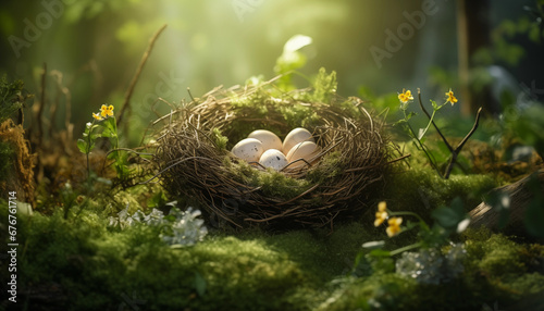 bunte Eier zu Ostern in einem Nest in einem Wald im Frühling © SYLVIA