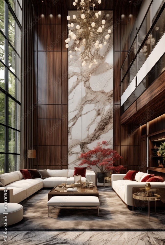 Marble and wood walls in a room with high ceilings Interior design of a modern house