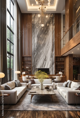 Marble and wood walls in a room with high ceilings Interior design of a modern house © Chaiwiwat