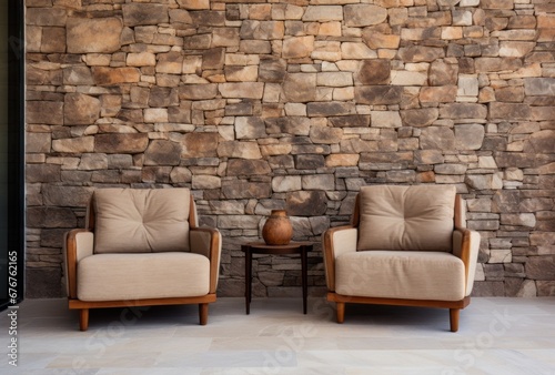 Two chairs lean against a pebble wall. Interior Design of Modern Living Room.