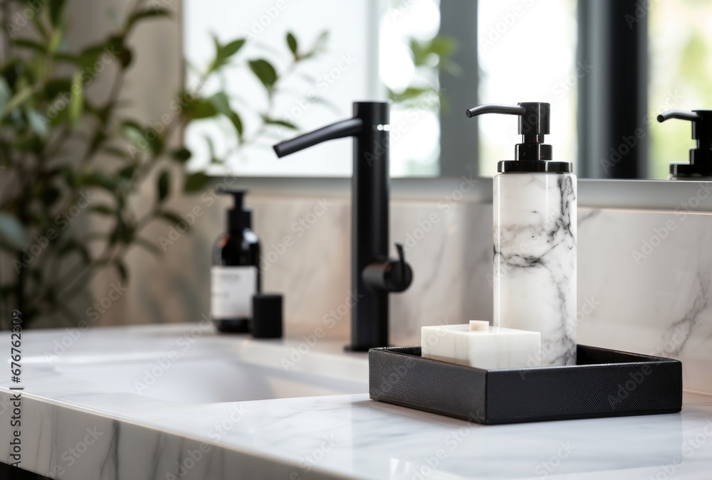 White marble sink has thick black lines. black soap dispenser and a tall mirror - obrazy, fototapety, plakaty 