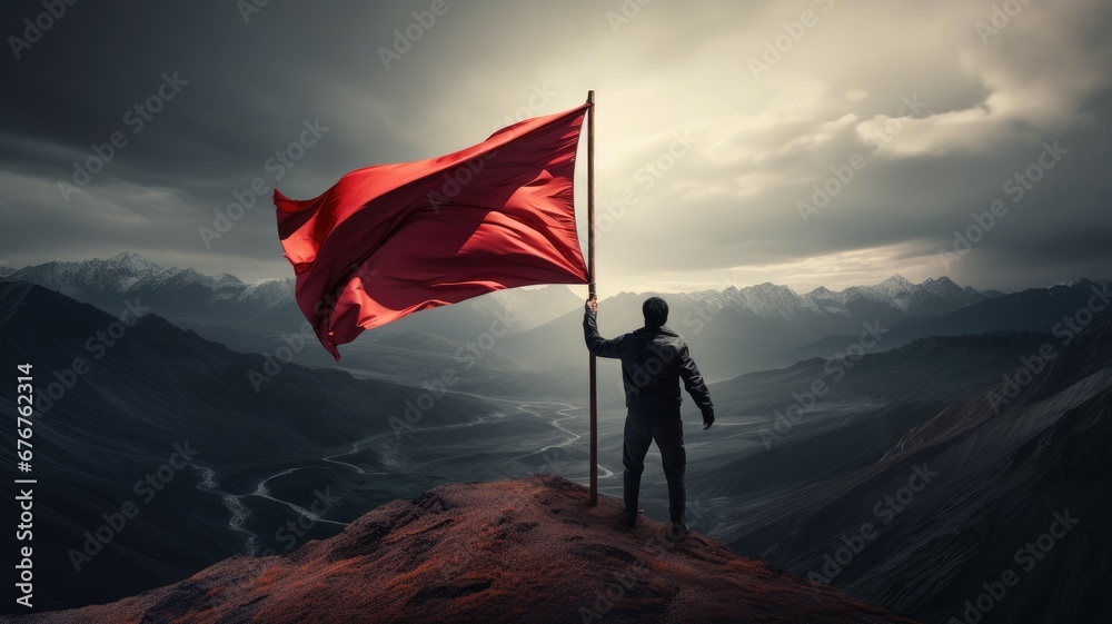 Silhouette of a person on a top of mountain with red flag and sky ...