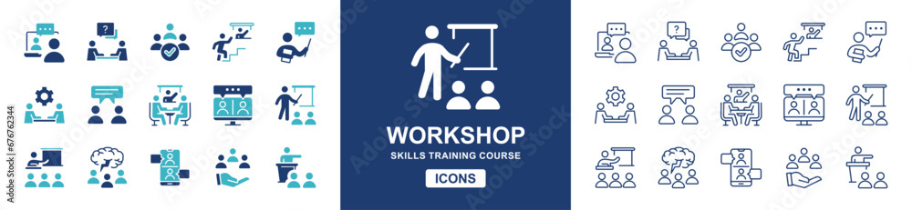 set of online course training skills seminar icon vector workshop human resource development conference teamwork coaching symbol collection illustration