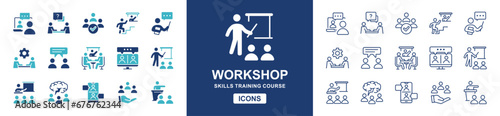 set of online course training skills seminar icon vector workshop human resource development conference teamwork coaching symbol collection illustration photo