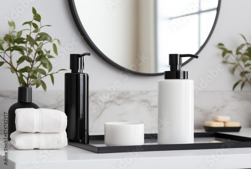 White marble sink has thick black lines. black soap dispenser and a tall mirror