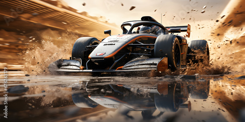 3D rendering of a racing car in motion with splashes of water. ia generative