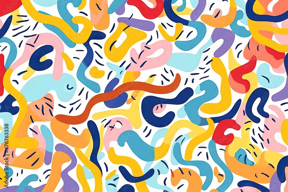 Obraz premium Cute and fun abstract minimalist doodle with lines and geometric shapes. Trendy colorful simple background, wallpaper design for kids. Generative AI, AI