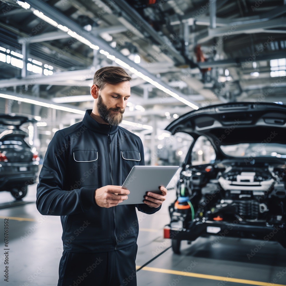 Portrait of an engineer builder businessman with a tablet in his hands working in a modern plant of heavy metal industry, generation ai