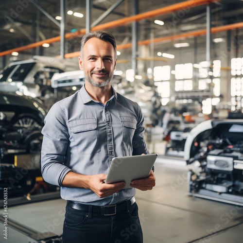 Portrait of an engineer builder businessman with a tablet in his hands working in a modern plant of heavy metal industry, generation ai