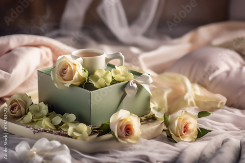 Close-up of a chaska on a bed with flowers, roses and cake. breakfast in bed. photo