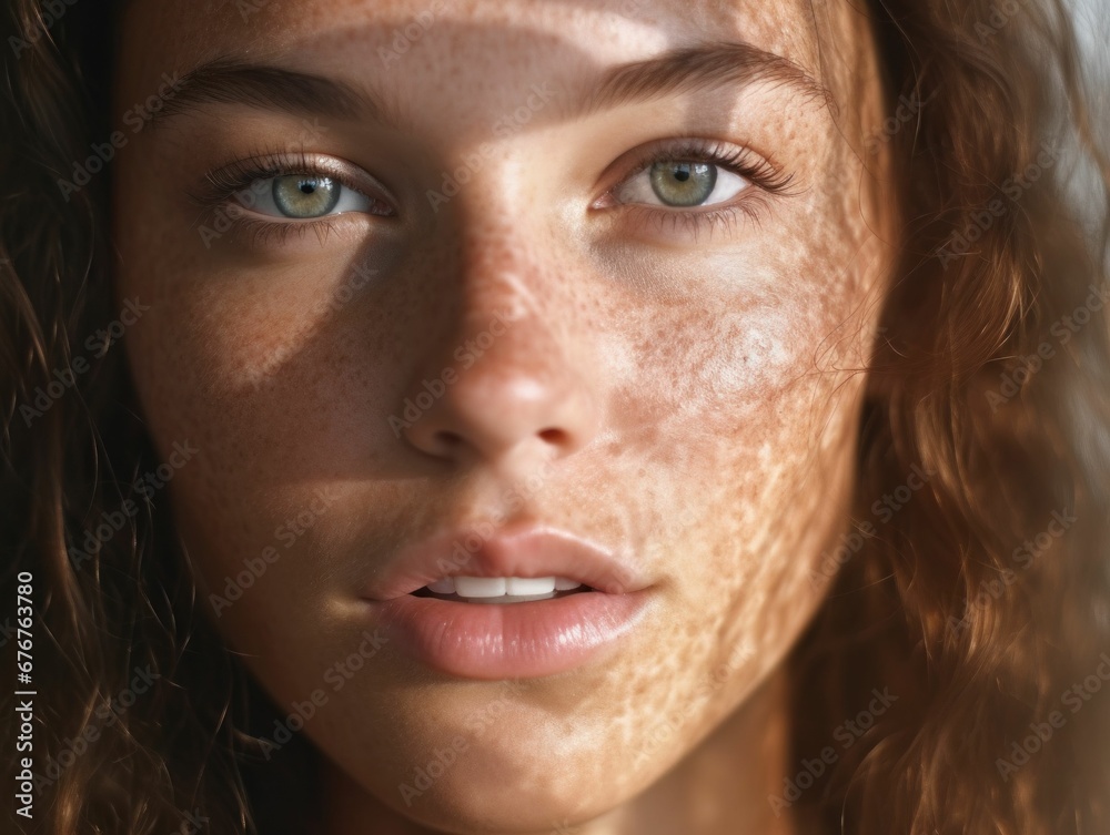 Φωτογραφία An AI illustration of close up portrait of a woman with freckles on her face