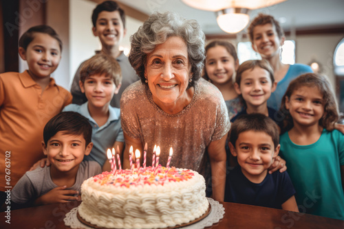 Grandma with a birthday cake surrounded by her grandchildren.