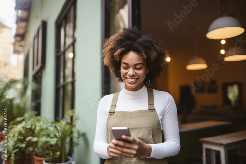 A young woman in an apron is holding a cell phone while standing in front of a bakery.