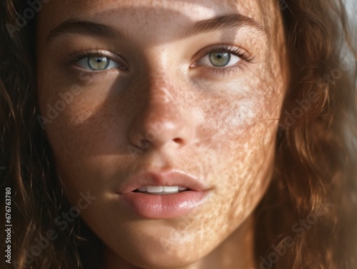 An AI illustration of close up portrait of a woman with freckles on her face