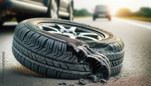 Close-up image of a damaged car tire on the roadside, showing signs of a blowout or severe puncture, emphasizing wear and the need for maintenance 