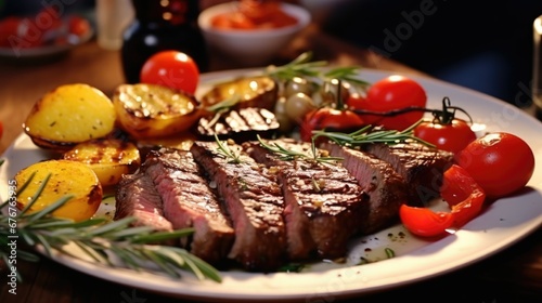 Grilled beef meat dinner. Cooked red steak close up. Barbecue meal. Bbq diet concept. Tasty roasted food. Baked beefsteak. Delicious pork slice with vegetables white plate. Restaurant well done dish.