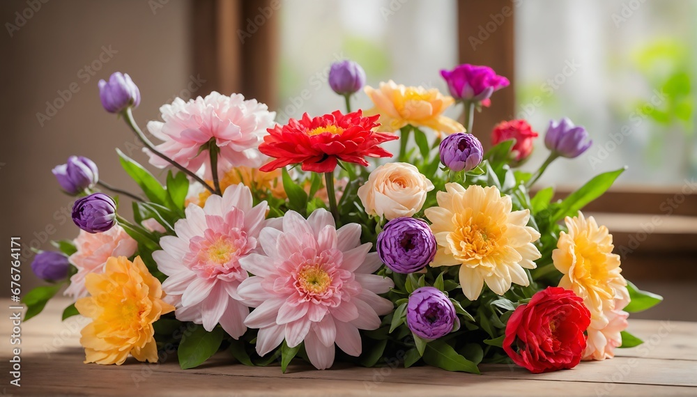 A vibrant bouquet of exotic flowers, showcasing their delicate petals and varying sizes. The flowers are arranged in a cascading manner, gracefully draping over the edge of a weathered wooden table. T A vibrant bouquet of exotic flowers, showcasing their delicate petals and varying sizes. The flowers are arranged in a cascading manner, gracefully draping over the edge of a weathered wooden table. T