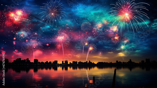 A spectacular display of colorful fireworks in the night sky on New Year's Day.