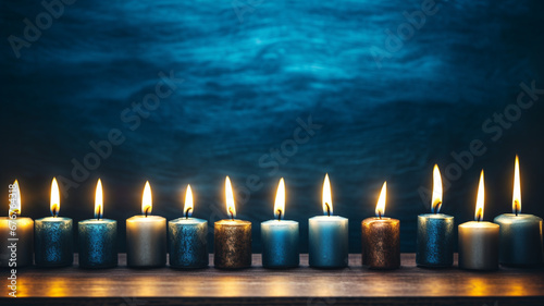 Close-up of hanukkah candles burning bright.