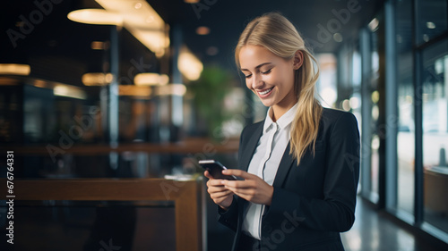 Young businesswoman uses a mobile phone on office background in the morning
