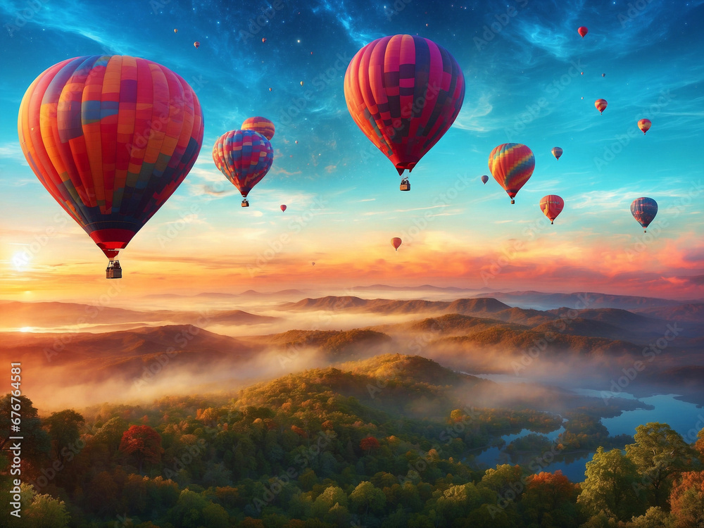 A magnificent land covered with trees and lakes. Colorful hot air balloons fly at sunrise