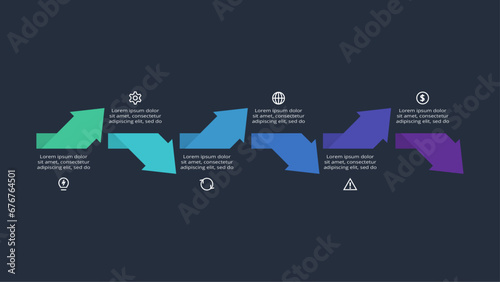 Creative infographic with 6 elements, presentations, vector illustration. Template for web on a black background.