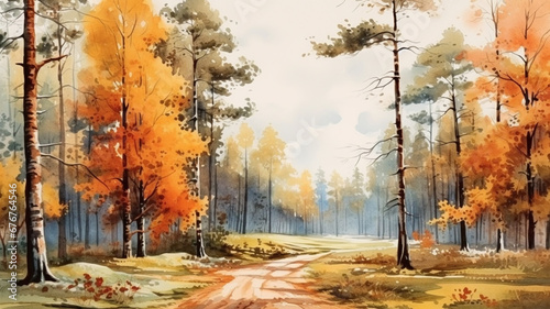Beautiful autumn forest landscape. forest in autumn season, watercolor style © Yuwarin