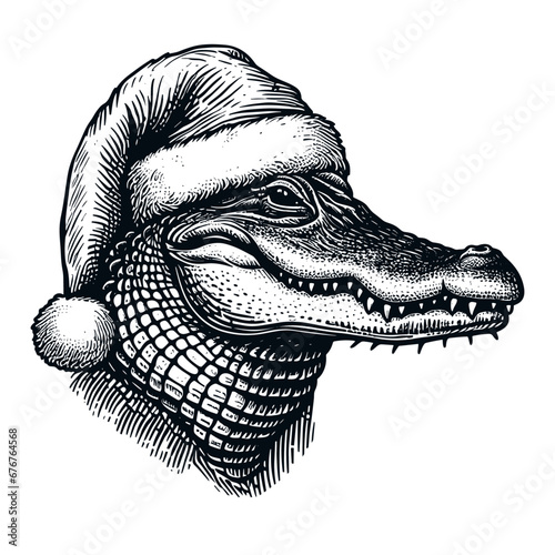 alligator wearing a Santa Claus hat Christmas sketch